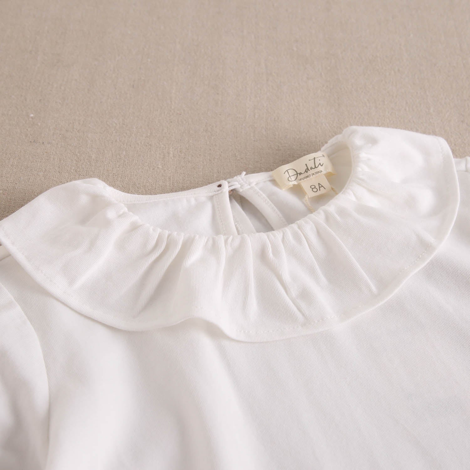 Girls' White Cotton T-Shirt with Ruffle Collar