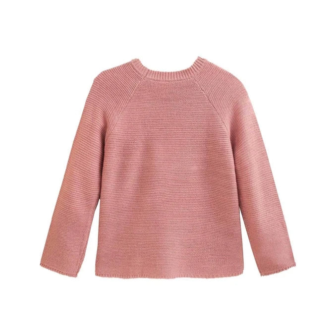Pink Girls' Sweater with Flower Embroidery and White Pompoms