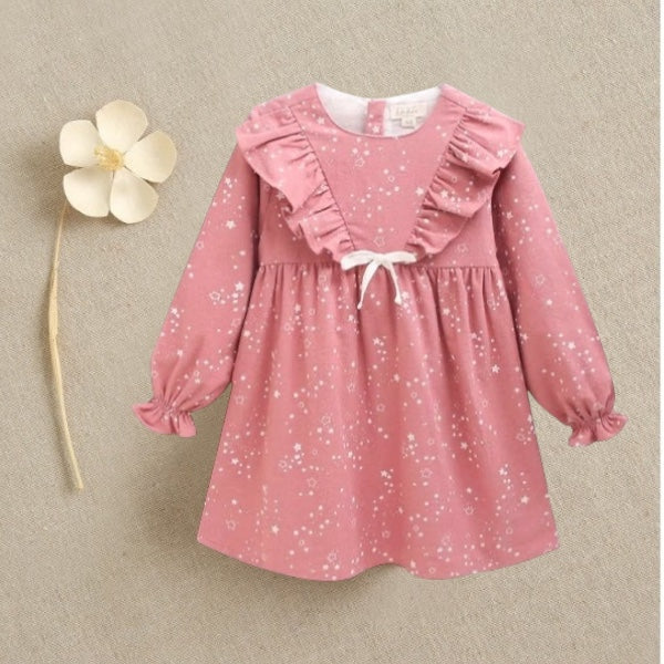 Pink Flannel Girl's Dress with Stars and Ruffle