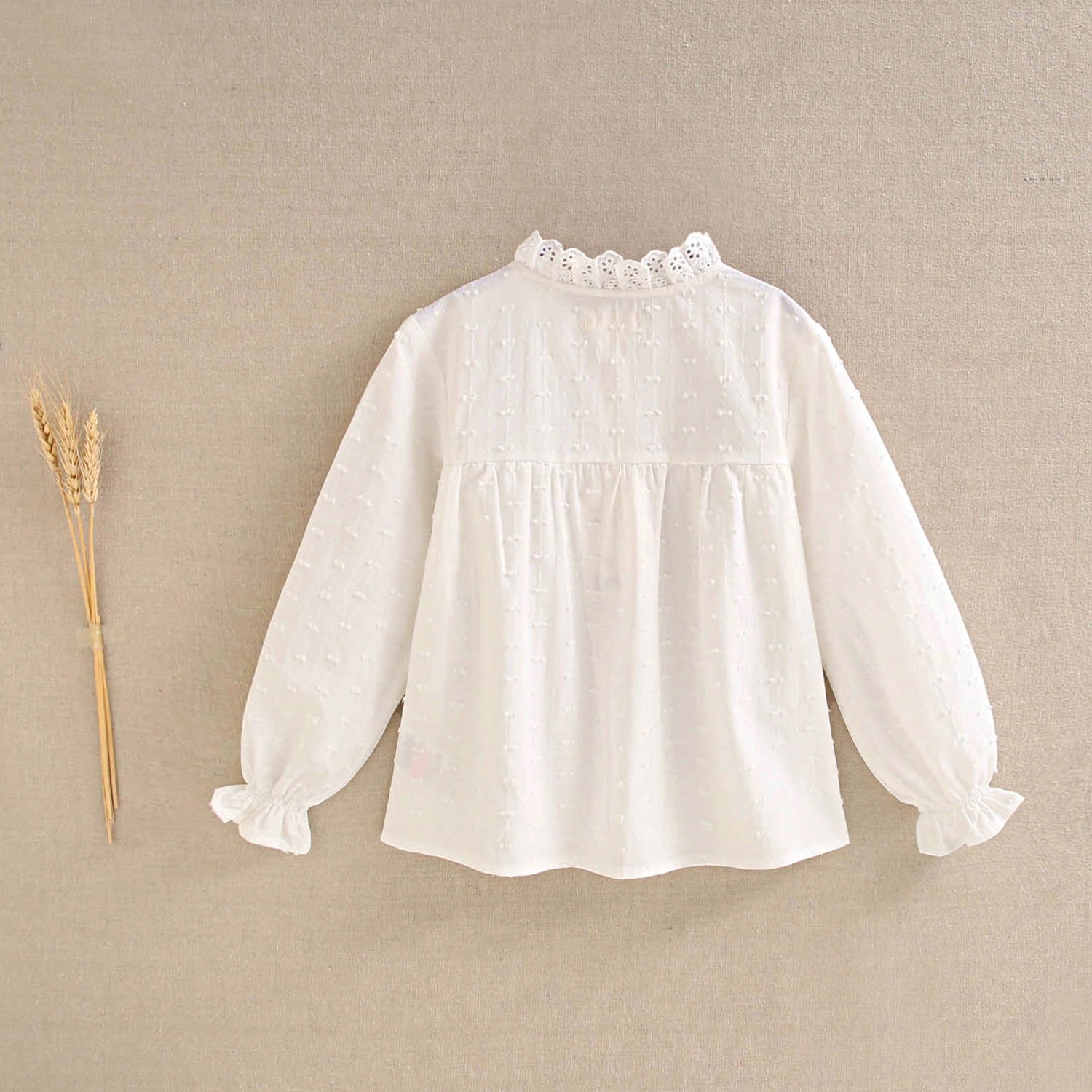 Girls' Long Sleeve Shirt in White with Lace