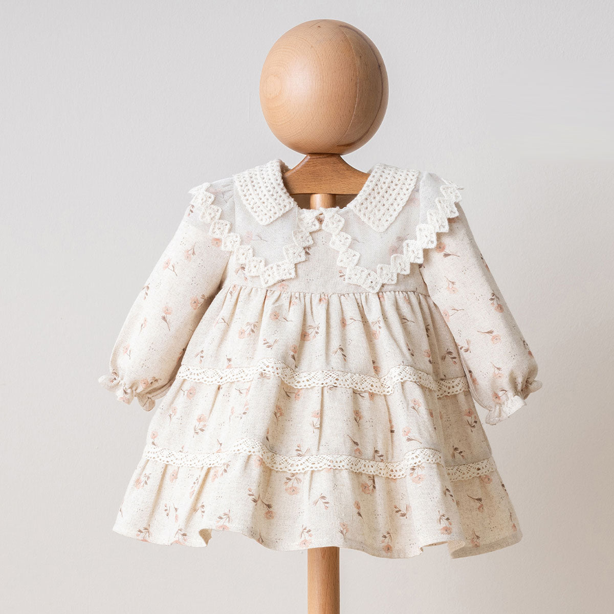 Flower Print Ribbon Linen Girl Dress with Collar