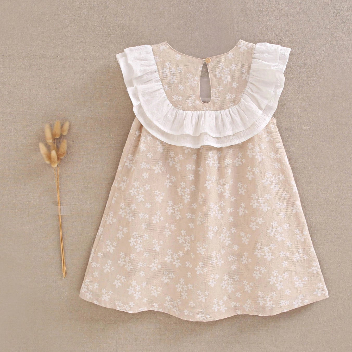 Beige Girl's Dress with White Stars and Ruffles