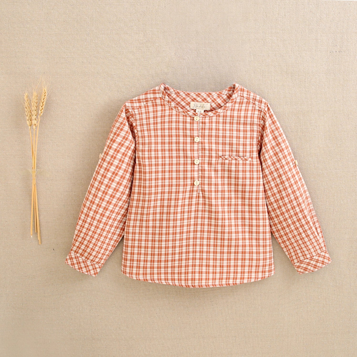 Long Sleeve Shirt For Boys with Orange Plaid and Mao Collar