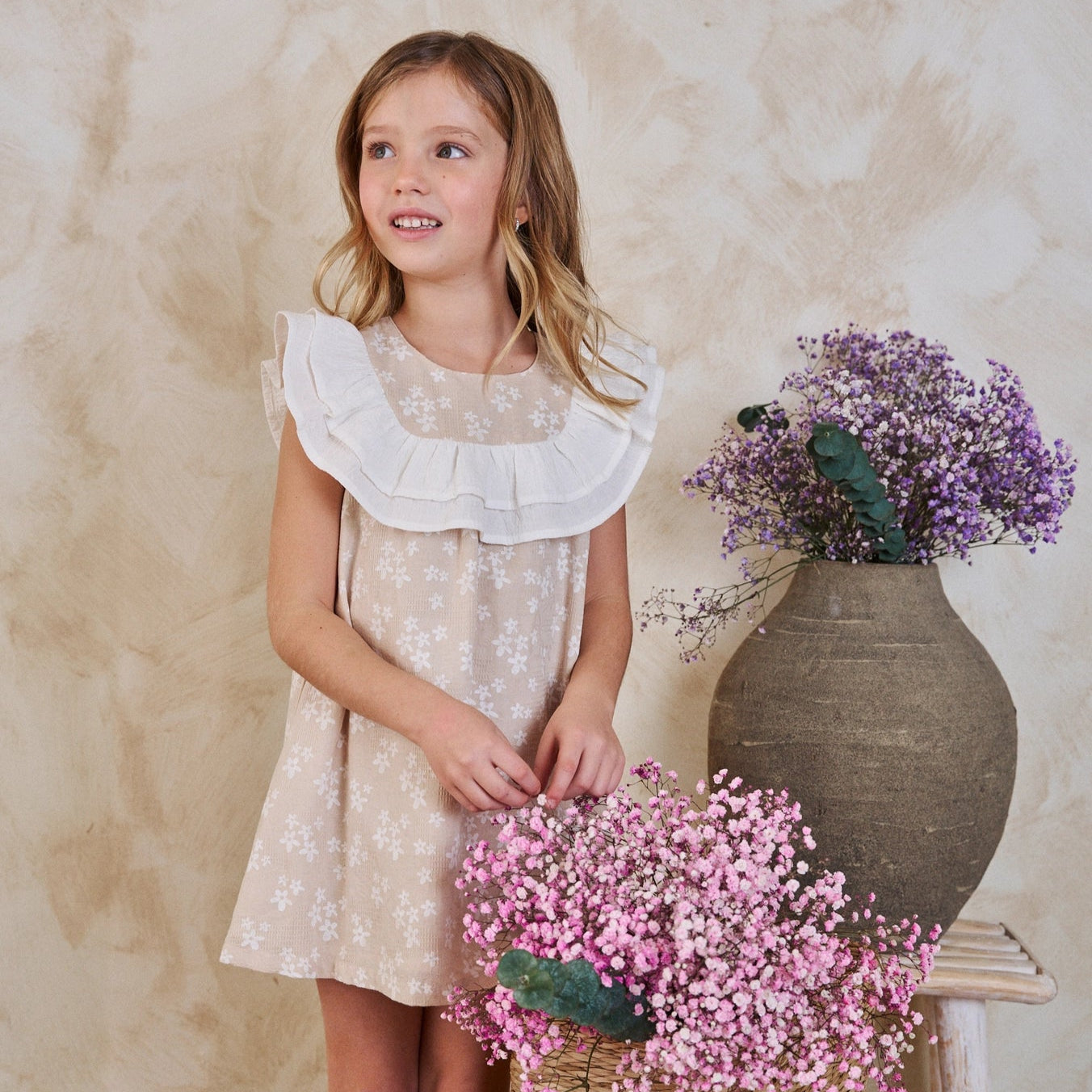 Beige Girl's Dress with White Stars and Ruffles