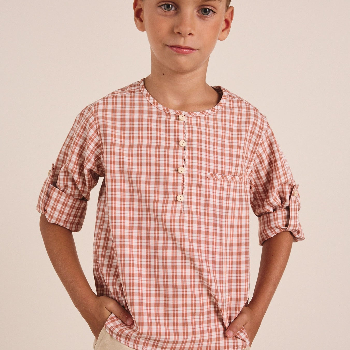 Long Sleeve Shirt For Boys with Orange Plaid and Mao Collar
