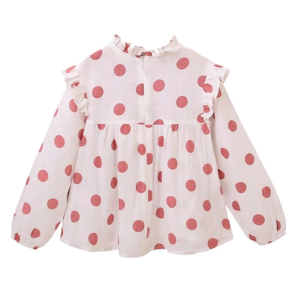 Girl's Pink Polka Dot Crochet Neck Blouse
