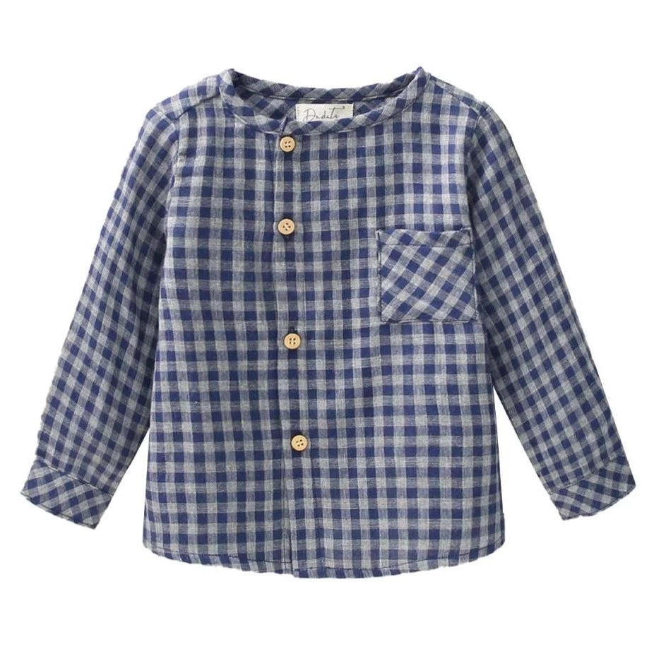 Long-Sleeved Baby Boy's Shirt in Vichy Blue and Grey