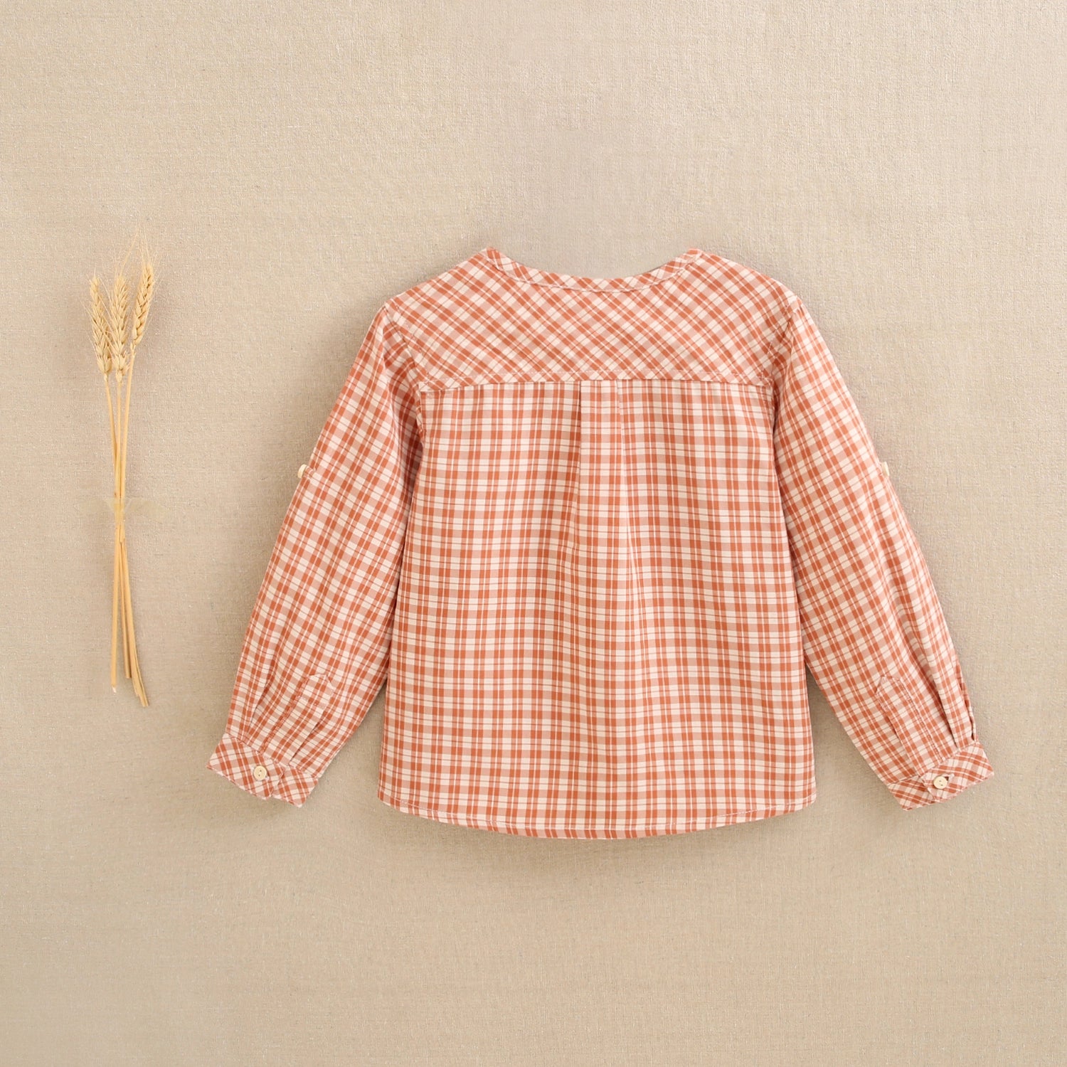 Long Sleeve Shirt For Boys with Orange Plaid and Mao Collar