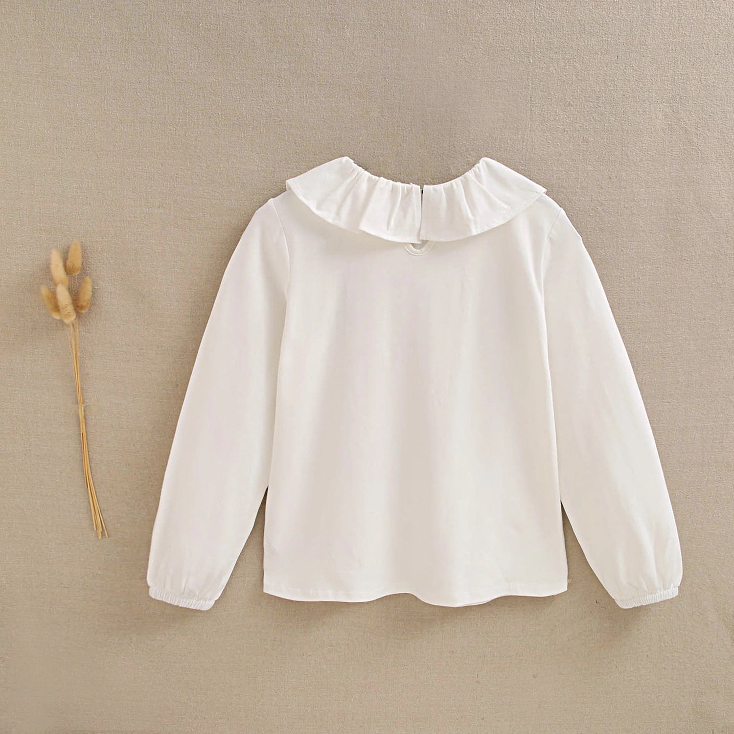 Girls' White Cotton T-Shirt with Ruffle Collar