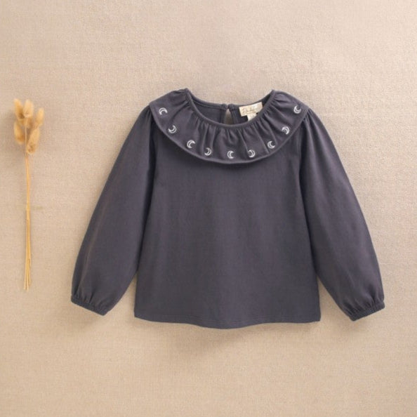 Dark Grey Girl's T-Shirt with Ruffle Collar and Embroidery