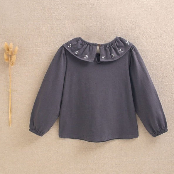 Dark Grey Girl's T-Shirt with Ruffle Collar and Embroidery