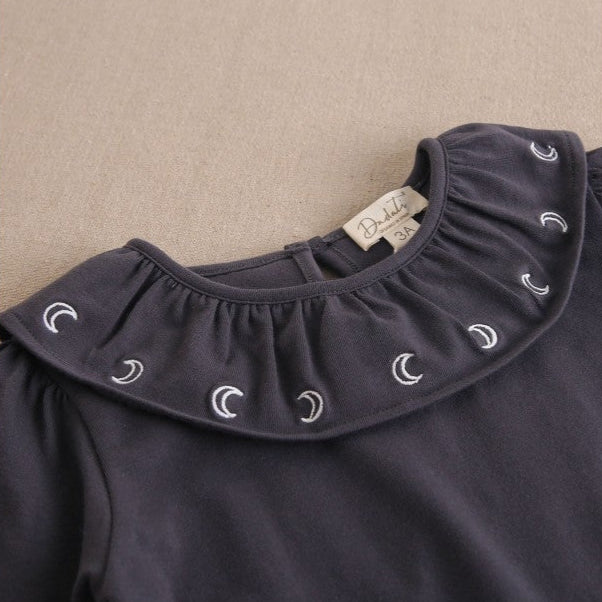 Dark Grey Girl's T-Shirt with Ruffle Collar and Embroidery