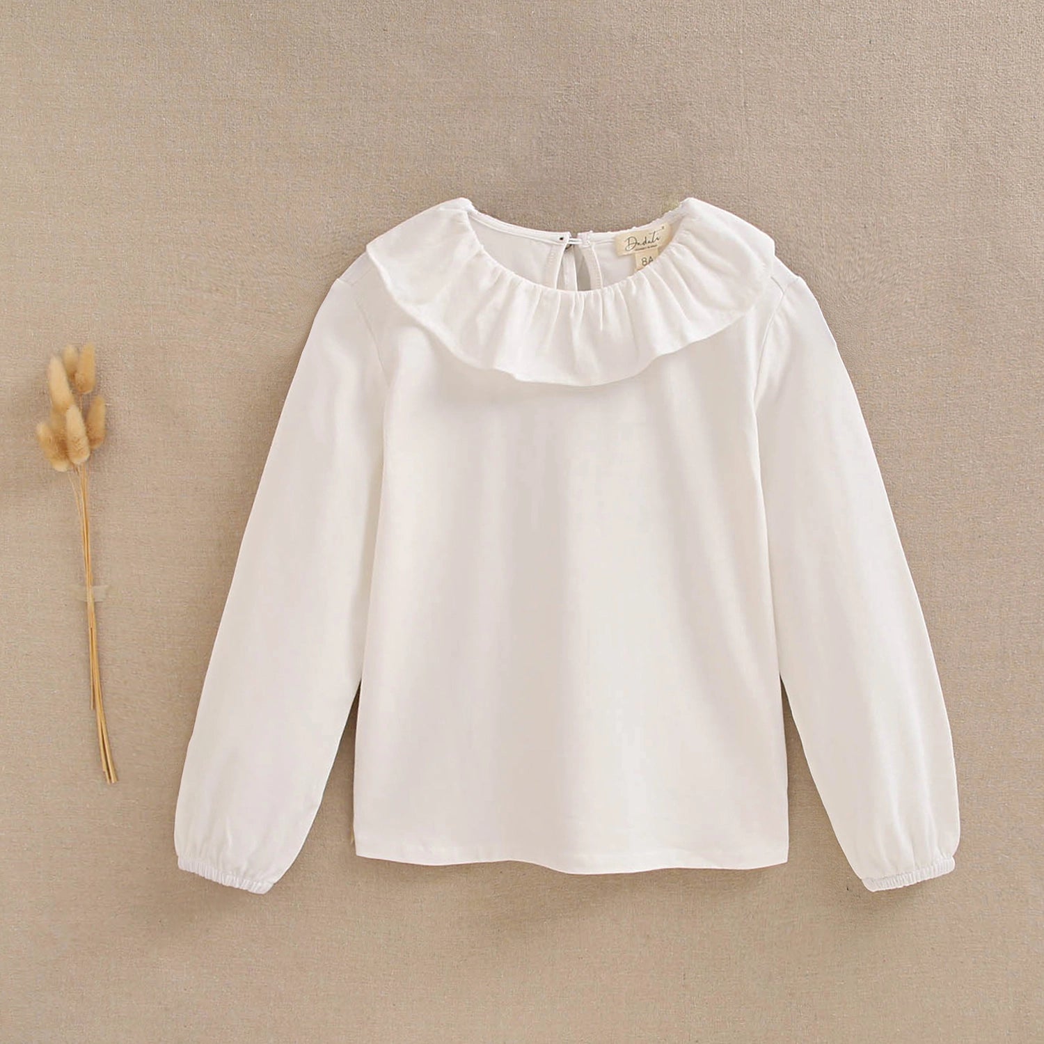 Girls' White Cotton T-Shirt with Ruffle Collar