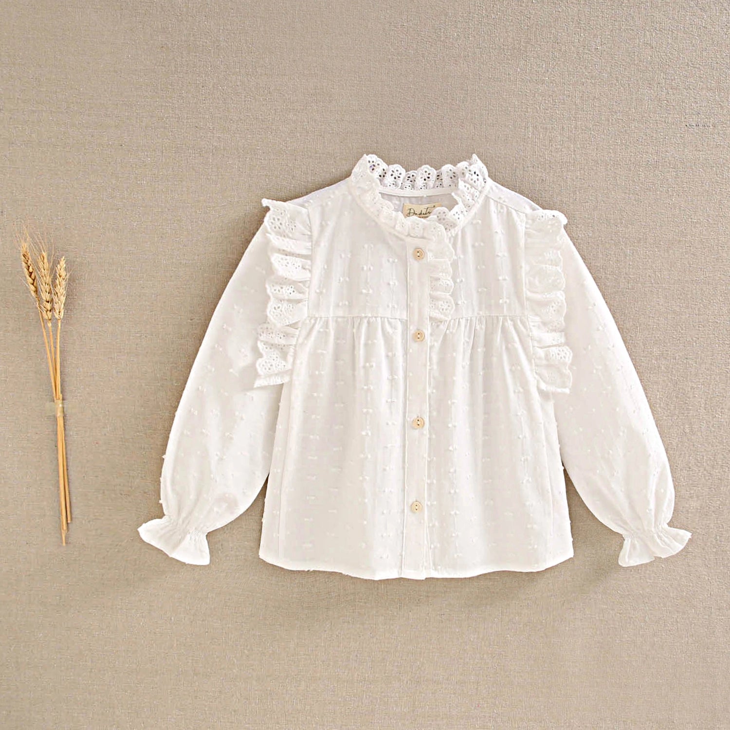 Girls' Long Sleeve Shirt in White with Lace