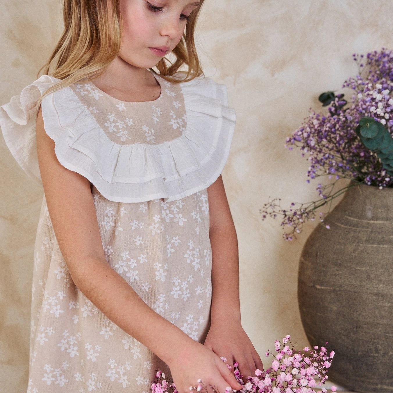 Beige Girl's Dress with White Stars and Ruffles