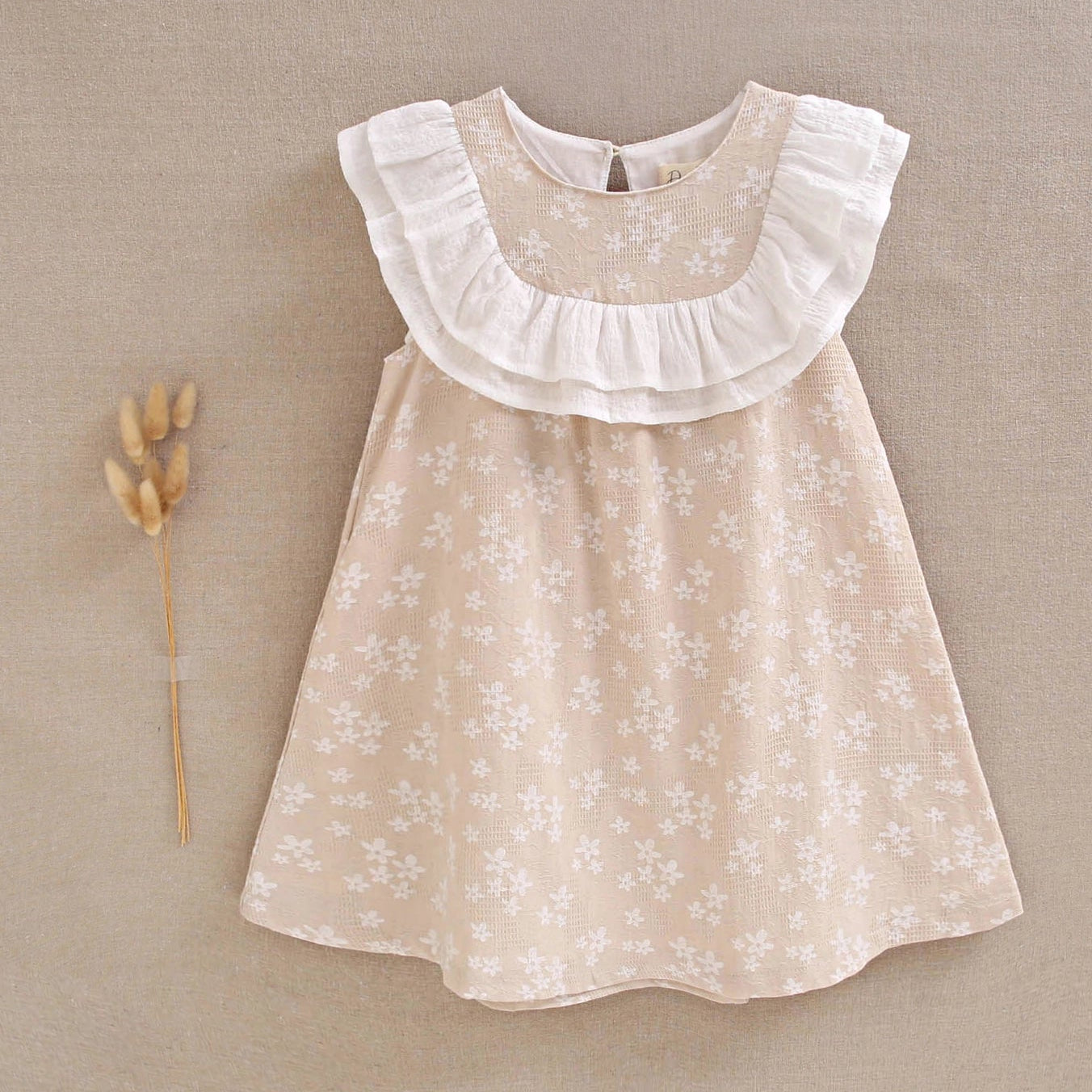 Beige Girl's Dress with White Stars and Ruffles