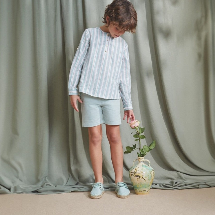 Boy's Shirt with Mao Collar and Stripes in Green and Pink