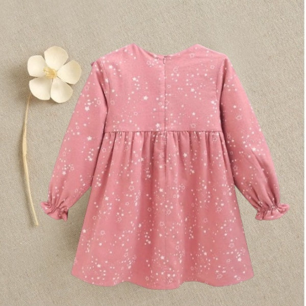 Pink Flannel Girl's Dress with Stars and Ruffle