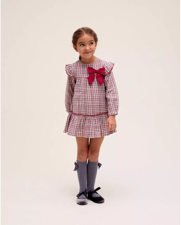Girl's Checkered Dress with Bow Detail
