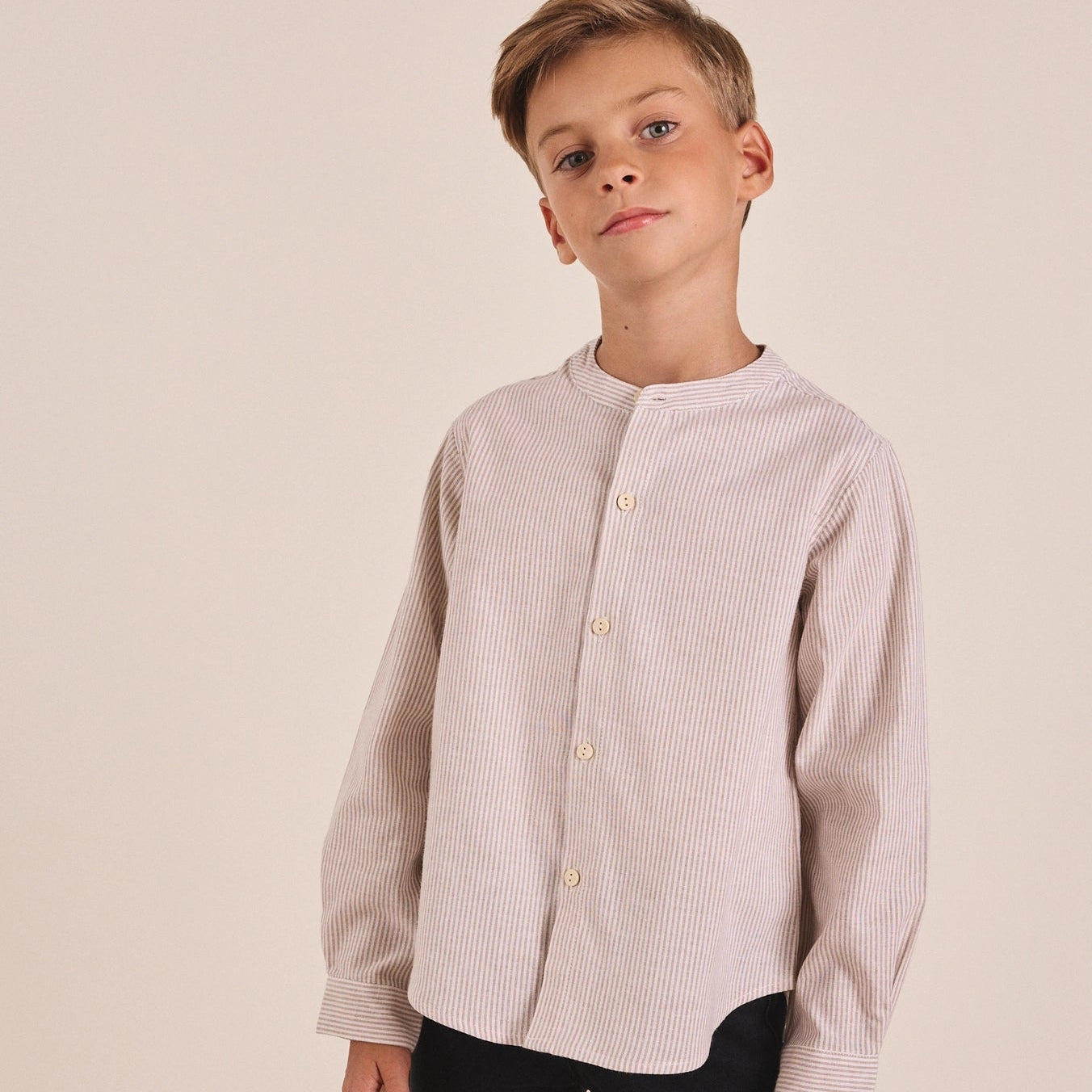 Long-Sleeved Shirt For Boys with Stripes in Tan Beige
