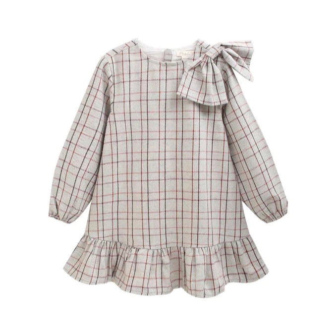 Grey Checkered Girl's Dress with Bow