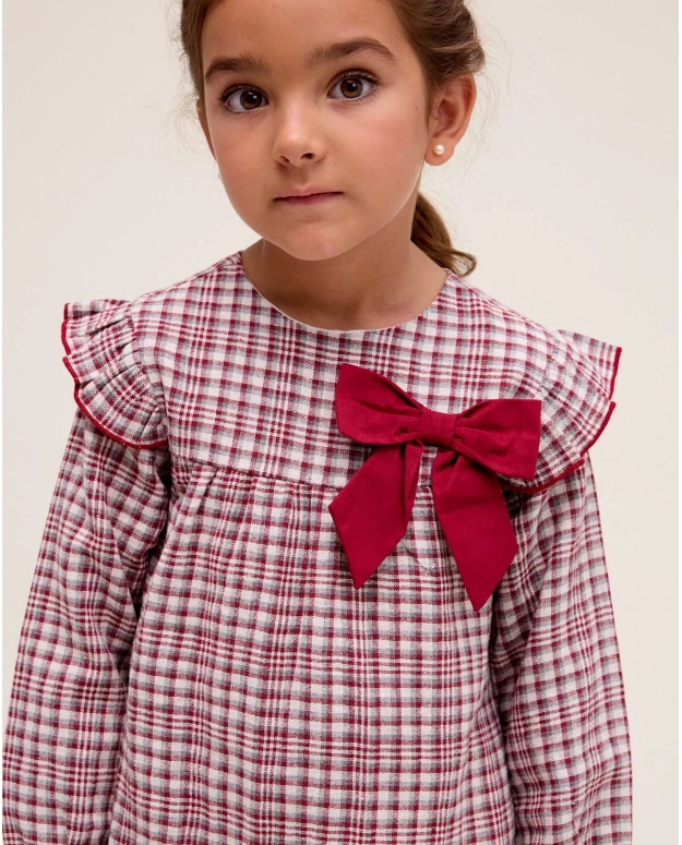 Girl's Checkered Dress with Bow Detail