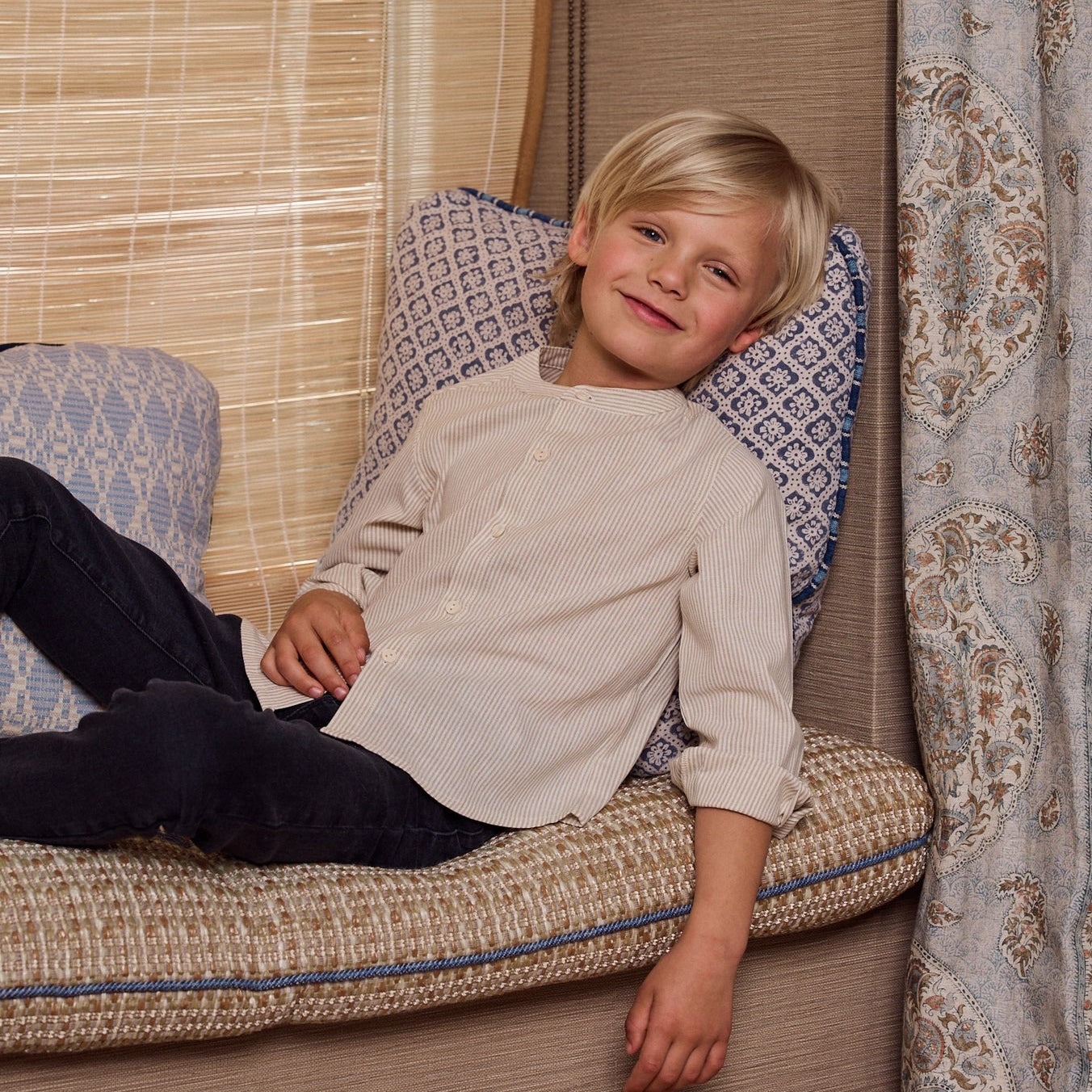 Long-Sleeved Shirt For Boys with Stripes in Tan Beige