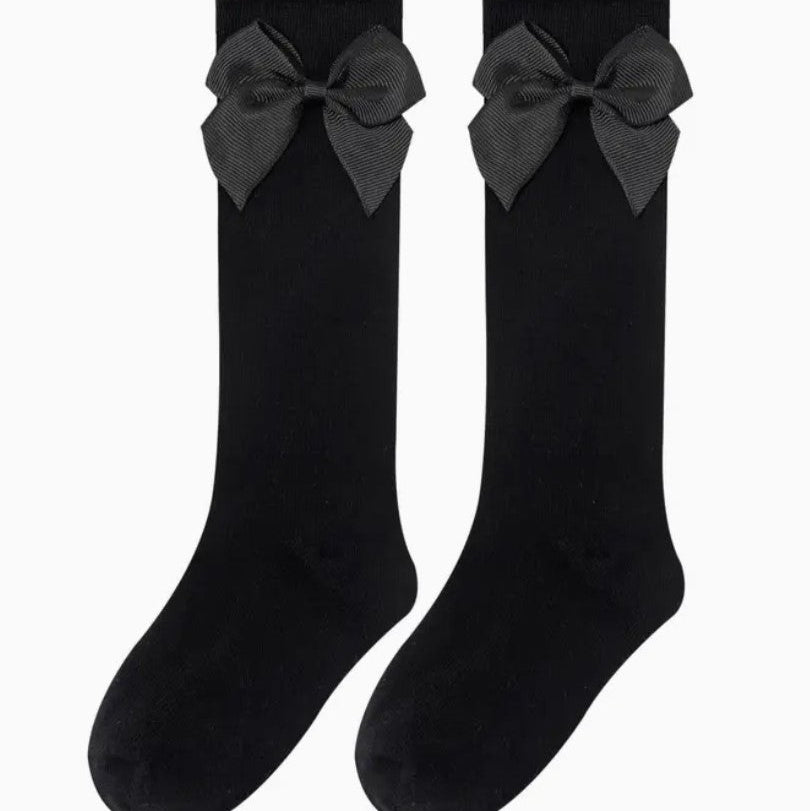 Girl's Black High Socks with Bow