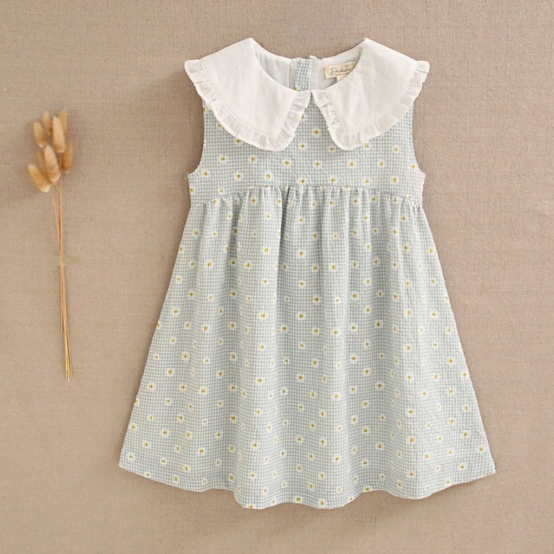 Green and Daisy Checkered Girl's Dress