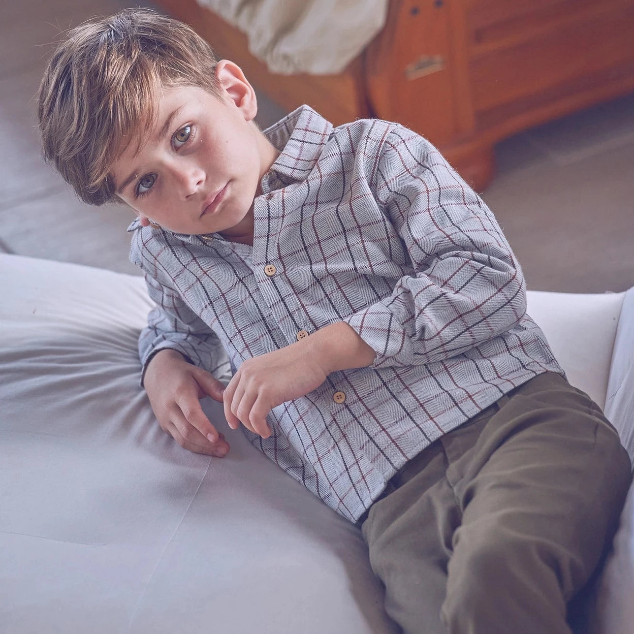 Grey Boy's Shirt with Three-Colour Checks