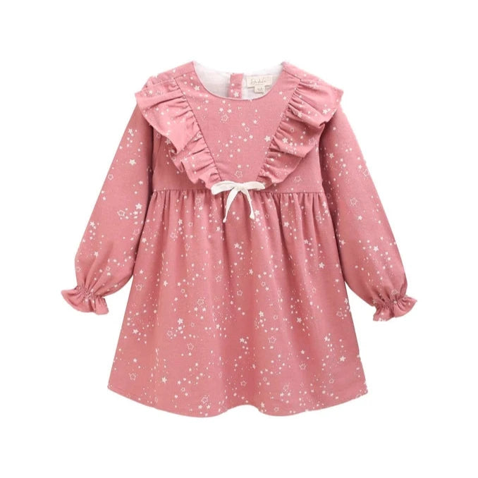 Pink Flannel Girl's Dress with Stars and Ruffle