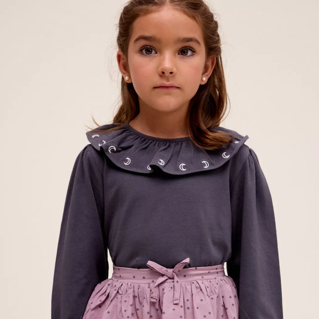 Dark Grey Girl's T-Shirt with Ruffle Collar and Embroidery