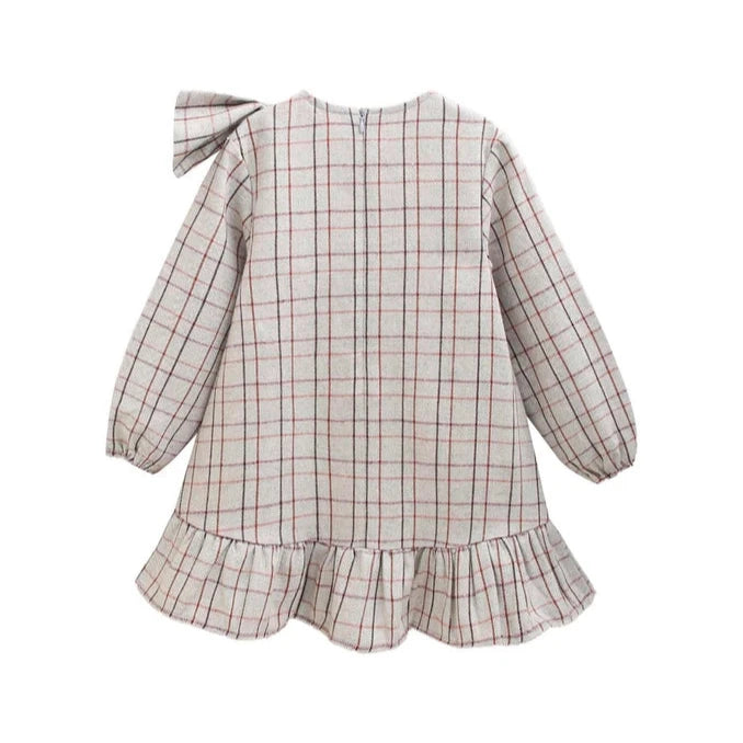 Grey Checkered Girl's Dress with Bow