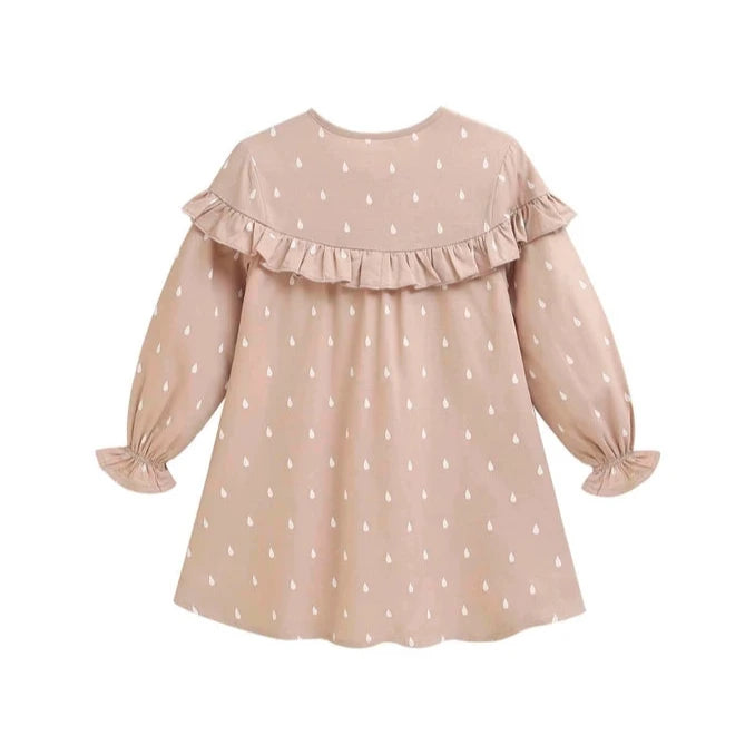Beige Girl's Dress with White Drops Print