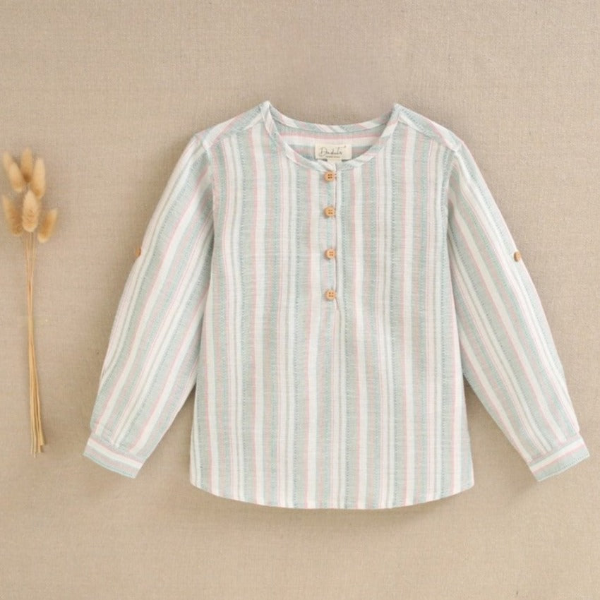 Boy's Shirt with Mao Collar and Stripes in Green and Pink